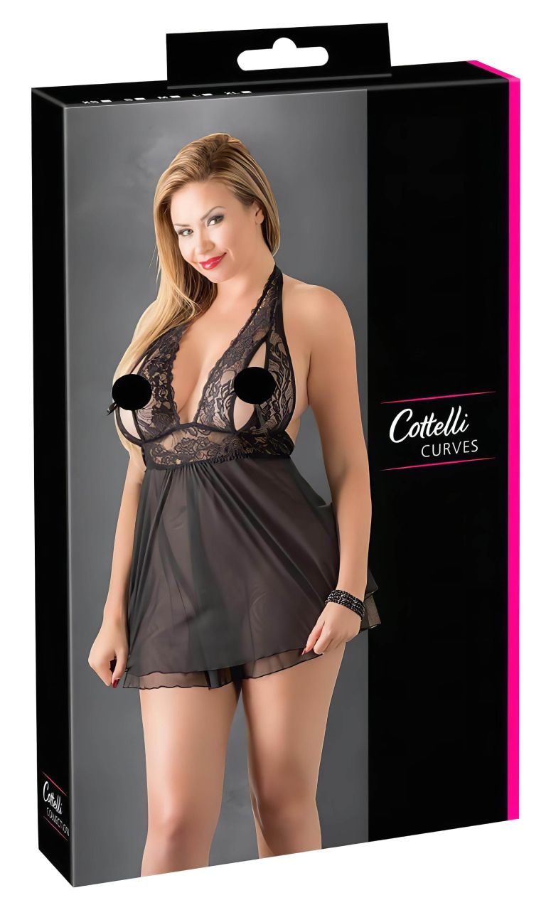 Cottelli Plus Size - csipkés lenge babydoll (fekete)