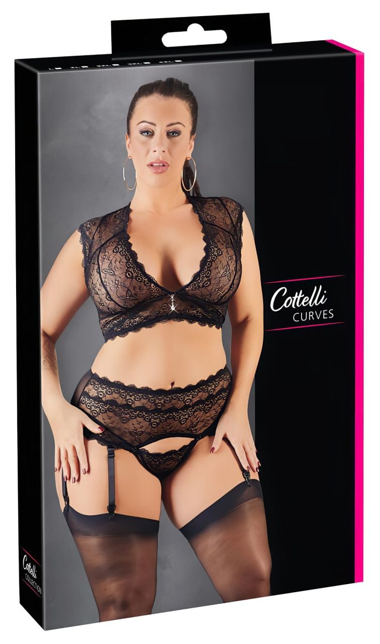 Cottelli Plus Size - strasszos, csipke fehérnemű szett (fekete)