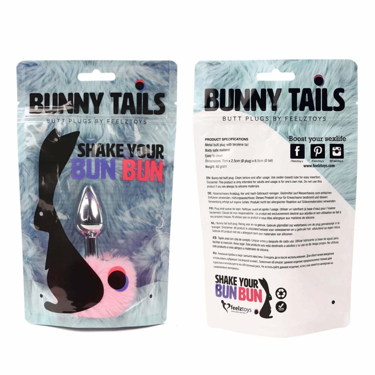 FEELZTOYS Bunny Tails - fém anál dildó nyuszifarokkal (ezüst-pink)