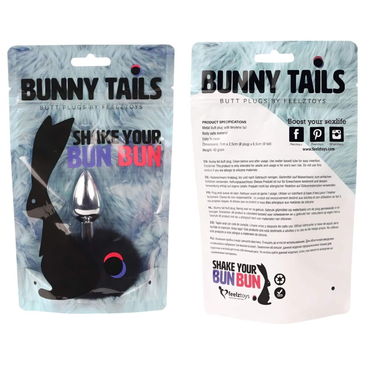 FEELZTOYS Bunny Tails - fém anál dildó nyuszifarokkal (ezüst-fekete)