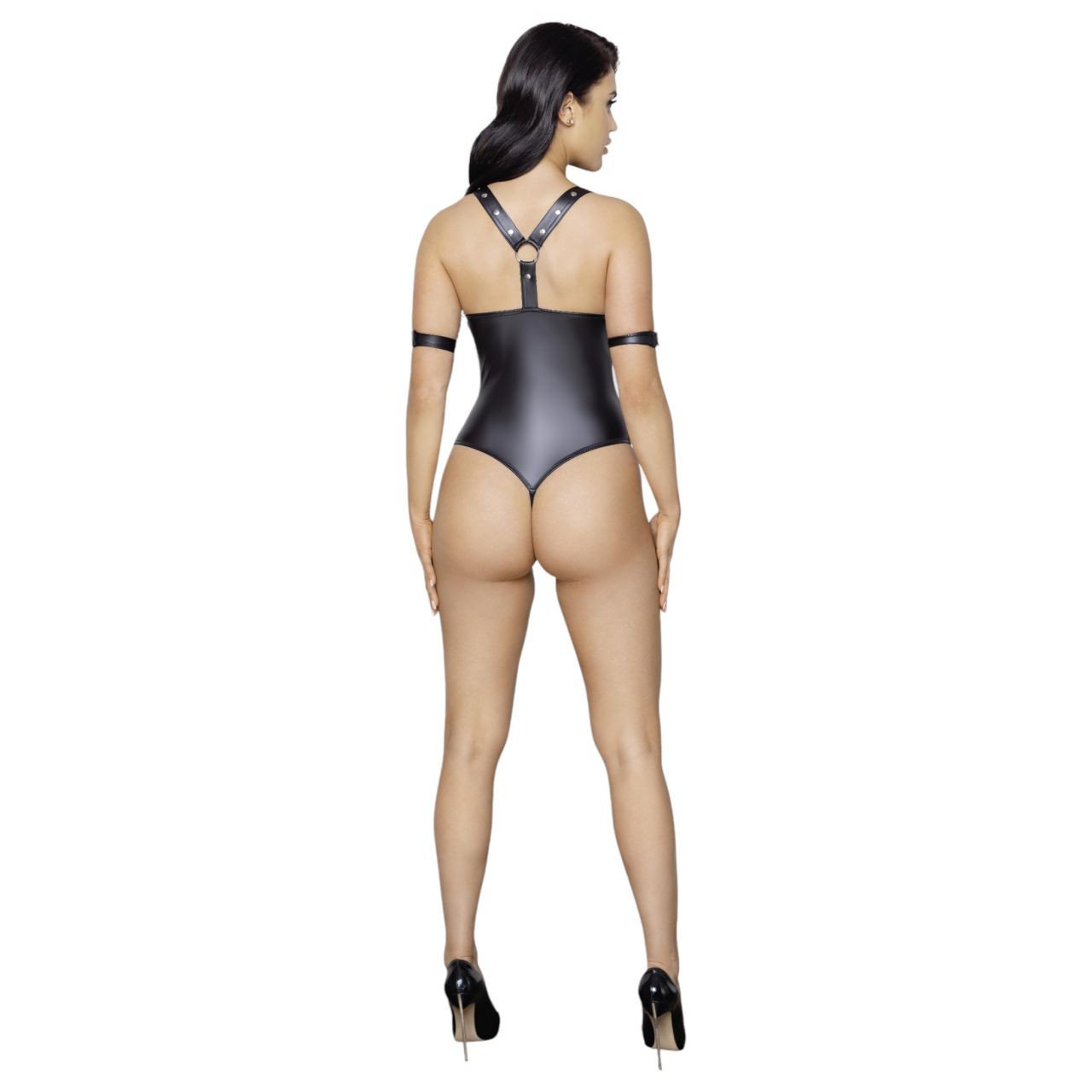 Cottelli Bondage - fényes, gyűrűs, nyitott body (fekete) Cottelli Bondage - fényes, gyűrűs, nyitott body (fekete)