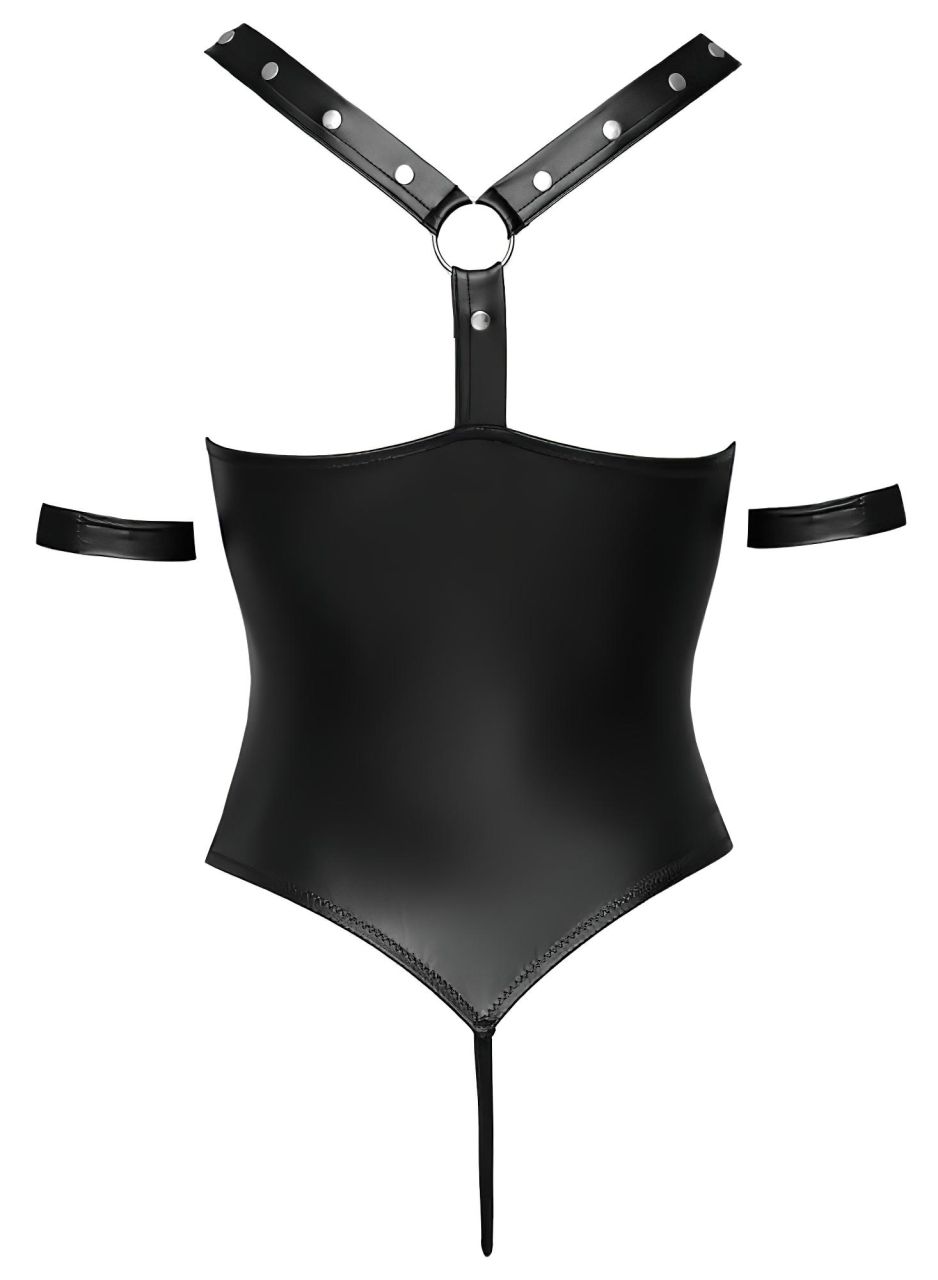 Cottelli Bondage - fényes, gyűrűs, nyitott body (fekete) Cottelli Bondage - fényes, gyűrűs, nyitott body (fekete)