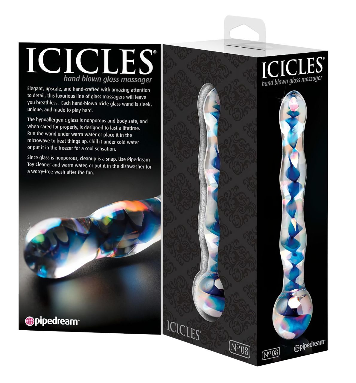 Icicles No. 08 - hullámos, kétvégű, üveg dildó (áttetsző-kék)