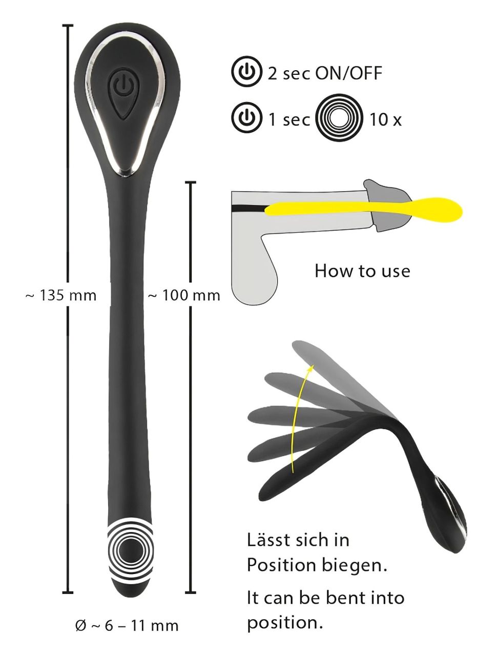 Penis Plug Dilator - akkus húgycsővibrátor (0,6-1,1cm) - fekete