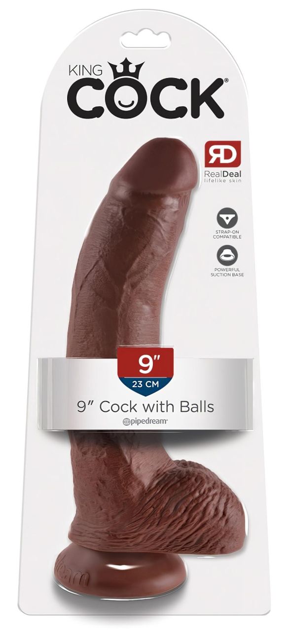 King Cock 9 - nagy tapadótalpas, herés dildó (23cm) - barna