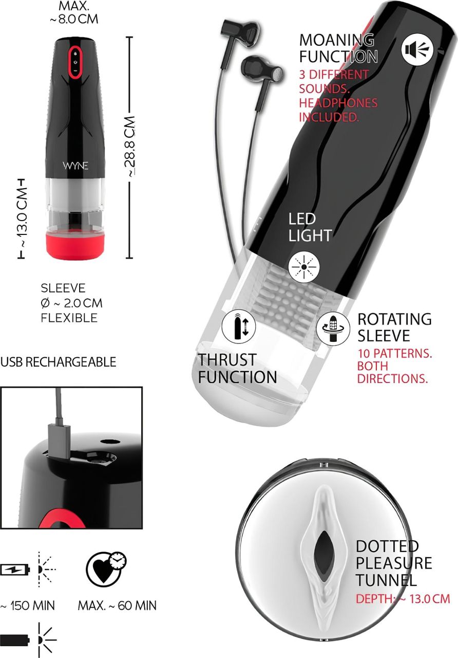 WYNE 05 - akkus, forgó maszturbátor (fekete-fehér)