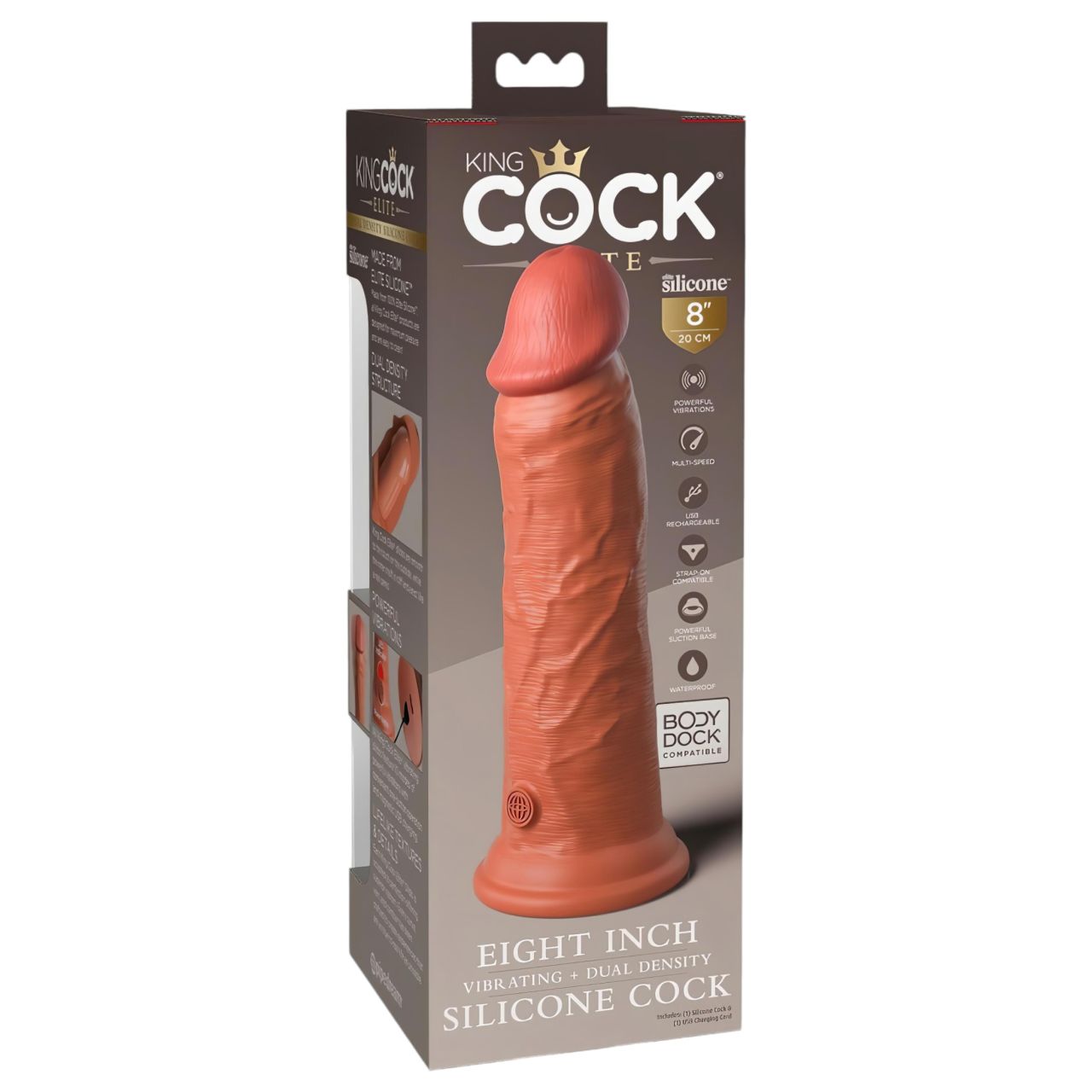 King Cock Elite 8 - tapadótalpas, élethű vibrátor 20cm (sötét natúr)