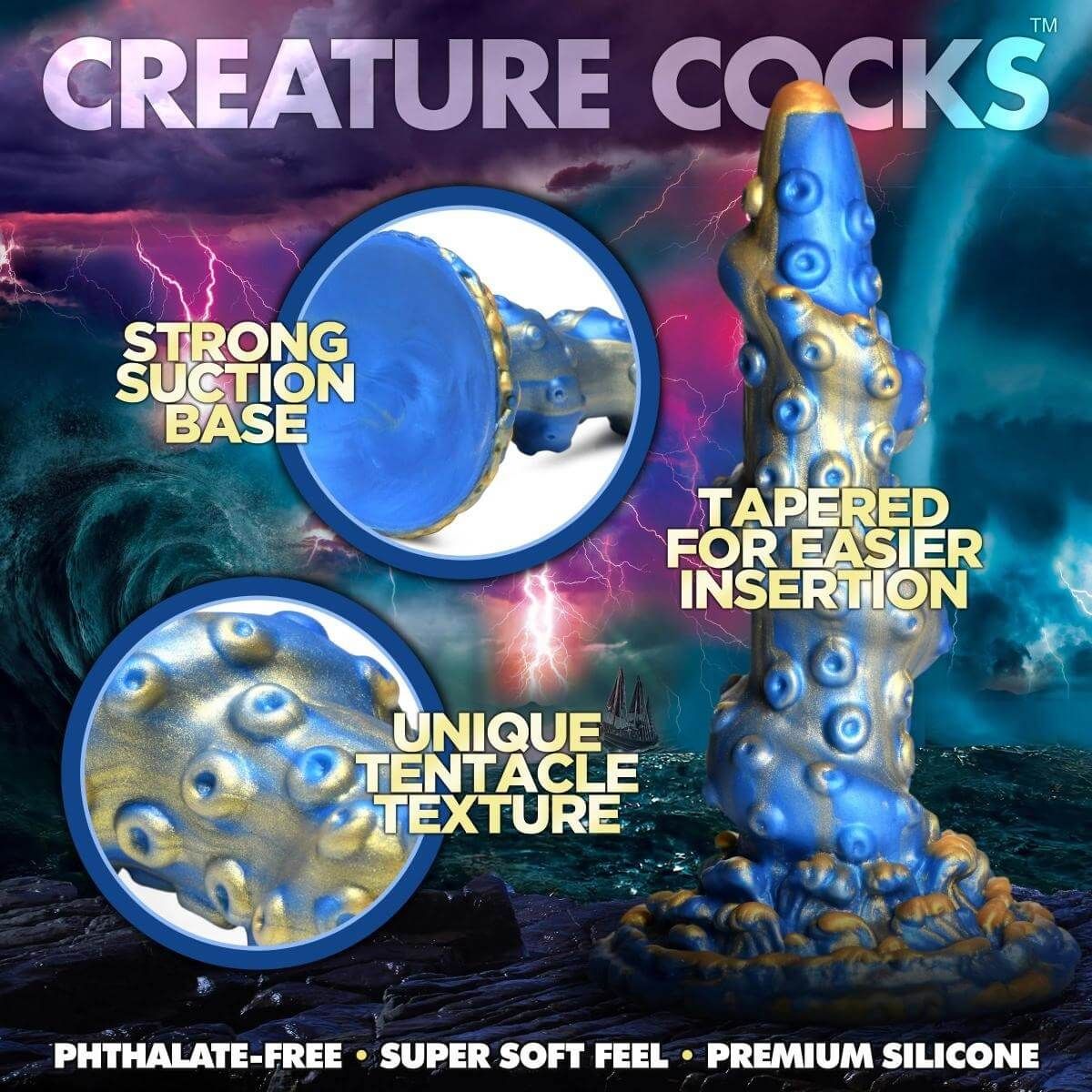 Creature Cocks Kraken - spirálos polipkar dildó - 21cm (arany-kék)