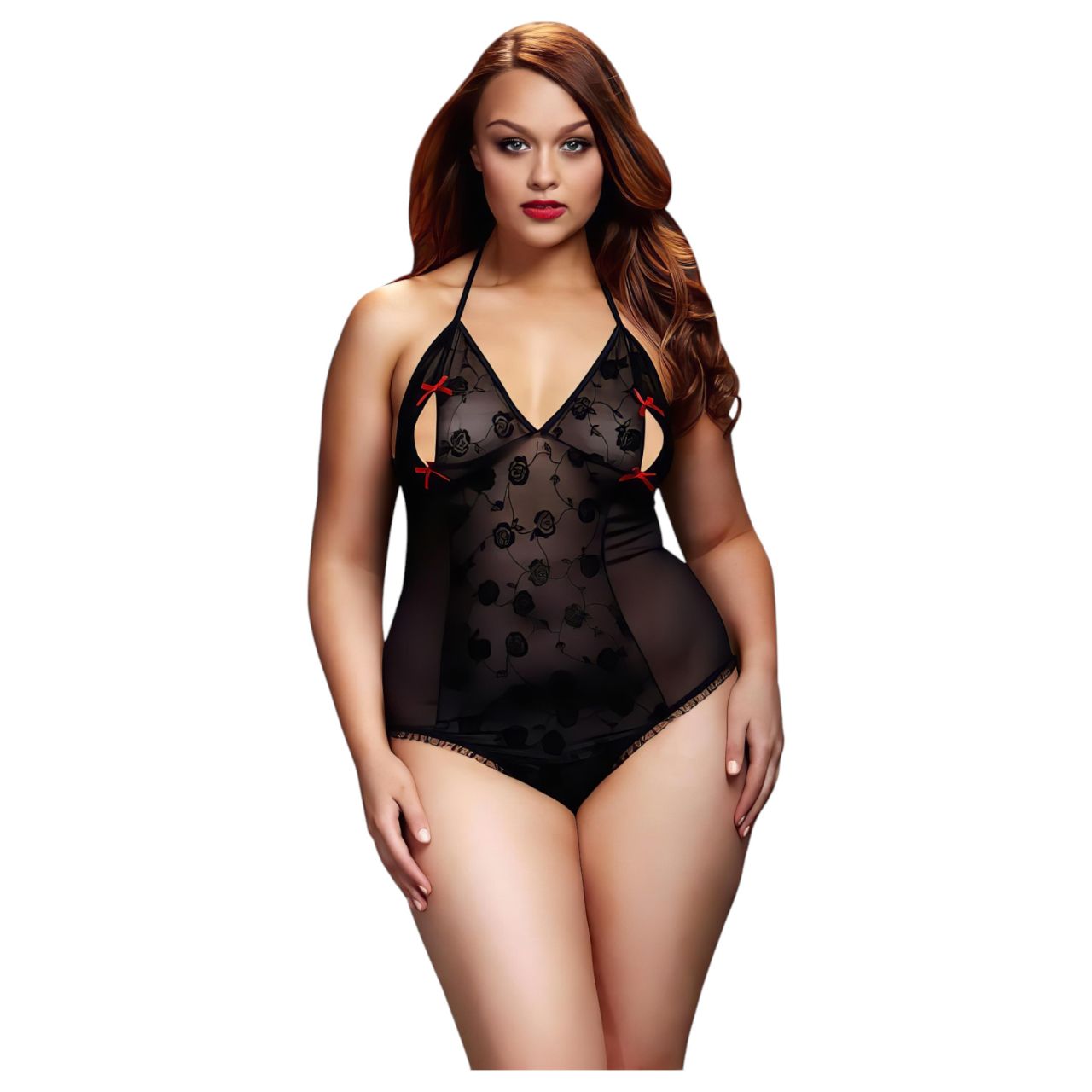 / BACI Plus Size - nyakpántos, átlátszó body- fekete (XL-XXL)