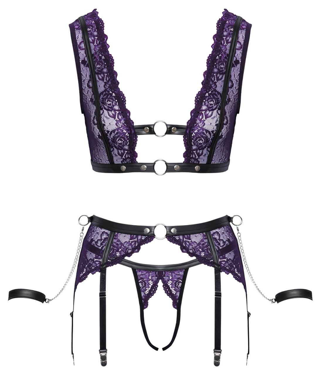 Cottelli Bondage - fehérnemű szett és kar bilincs (fekete-lila) Cottelli Bondage - fehérnemű szett és kar bilincs (fekete-lila)