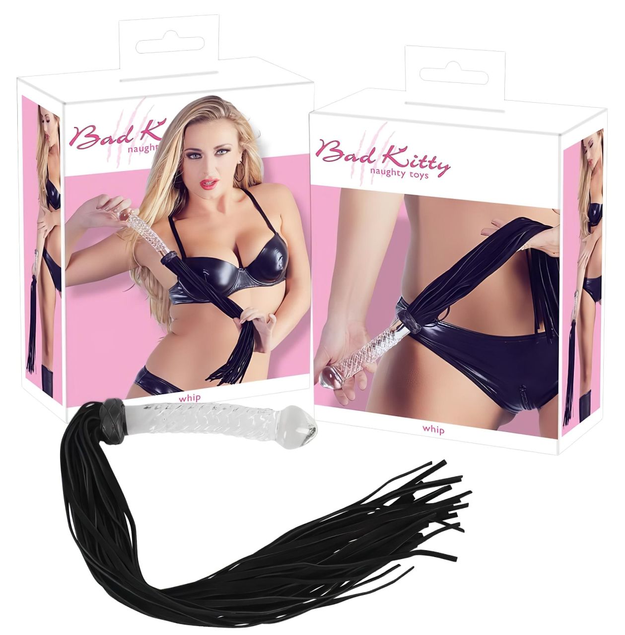 Bad Kitty - bőr korbács üveg dildóval (átlátszó-fekete) Bad Kitty - bőr korbács üveg dildóval (átlátszó-fekete)