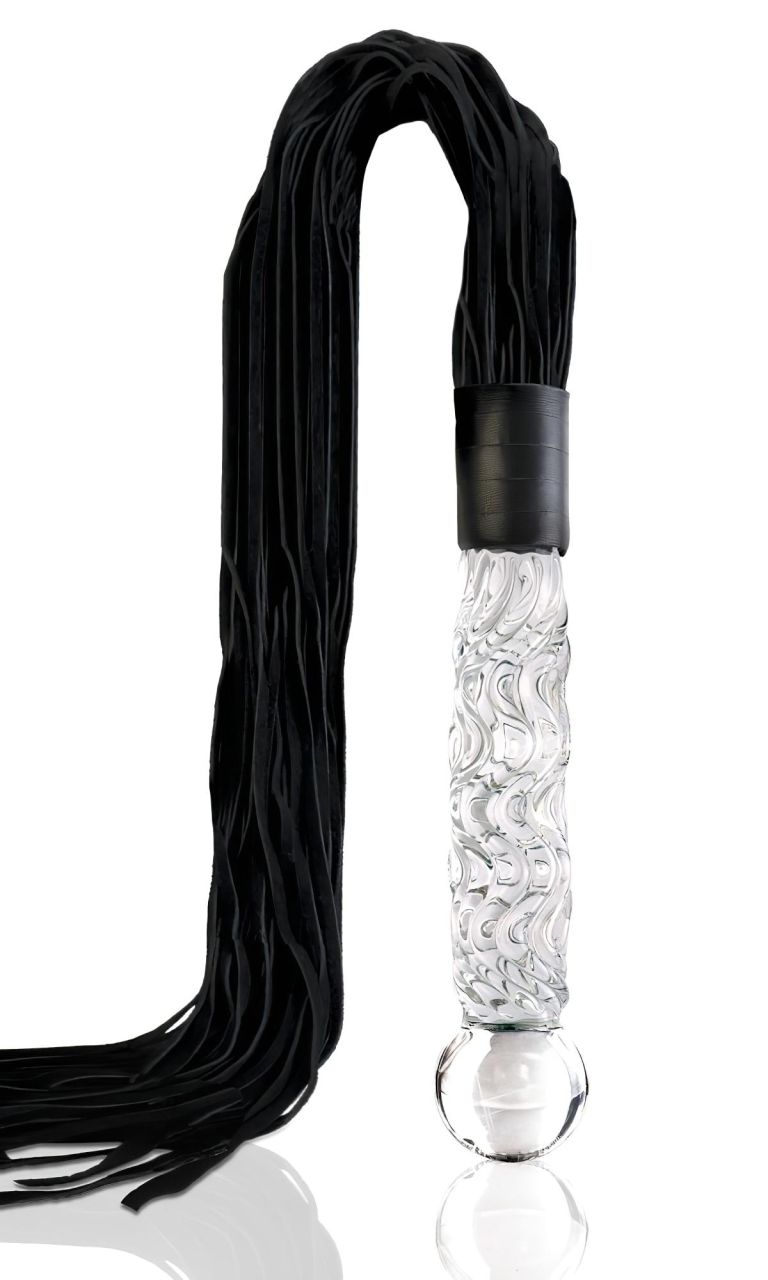 Icicles No. 38 - bőr korbács és üveg dildó (átlátszó-fekete)